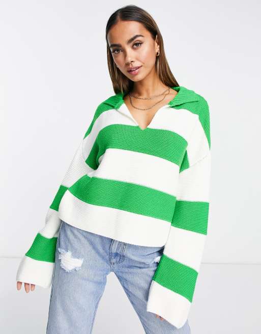 ASOS DESIGN jumper with open collar in textured green stripe | ASOS