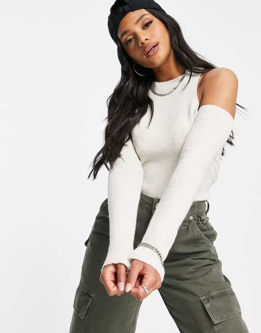 ASOS DESIGN jumper with open shoulder in beige