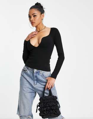 ASOS DESIGN jumper with plunge sweetheart neckline in black - ASOS Price Checker