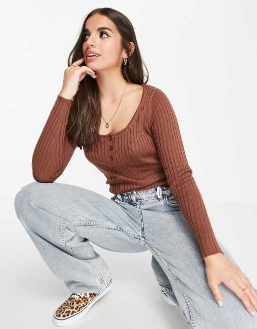 ASOS DESIGN jumper with scoop neck and button placket in brown, 2 of 4