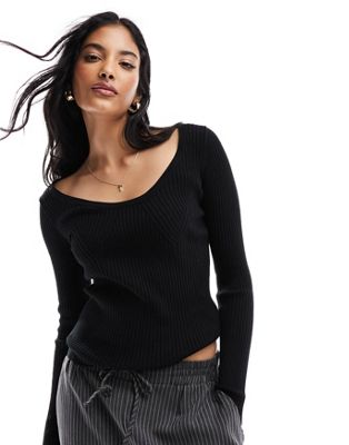 ASOS DESIGN jumper with scoop neck with rib bust detail in black