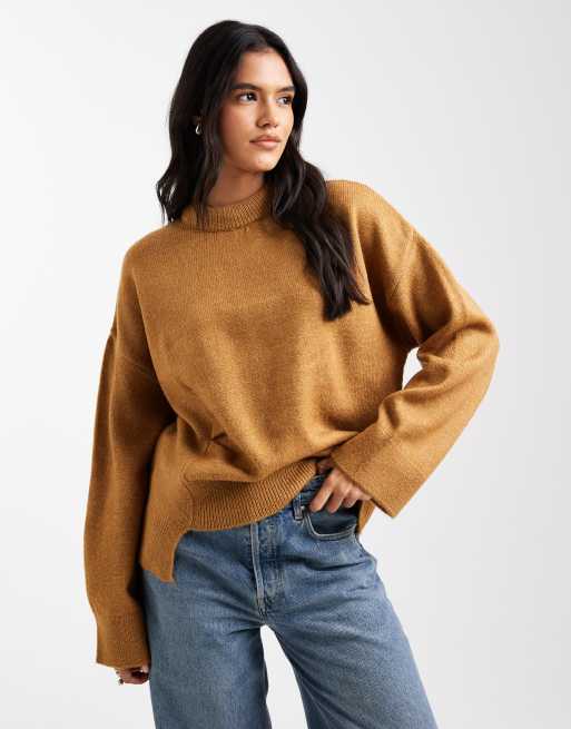 ASOS DESIGN jumper with split hem and pleat detail in biscuit, 2 of 4