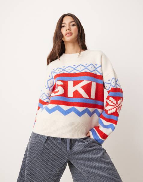 ASOS DESIGN jumper with stripe ski slogan in red and blue - view 1