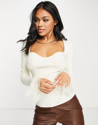 ASOS DESIGN jumper with sweetheart neck and faux feather trims in cream | ASOS
