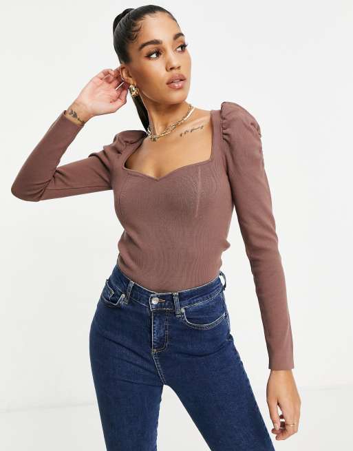 ASOS DESIGN jumper with sweetheart neck and puff shoulder detail in brown
