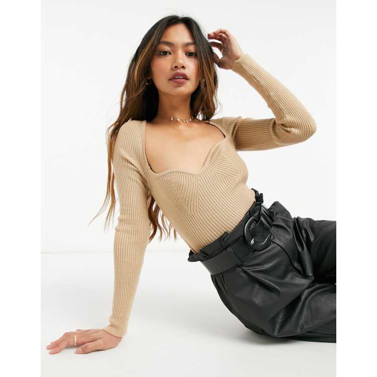 ASOS DESIGN jumper with sweetheart neckline in sand