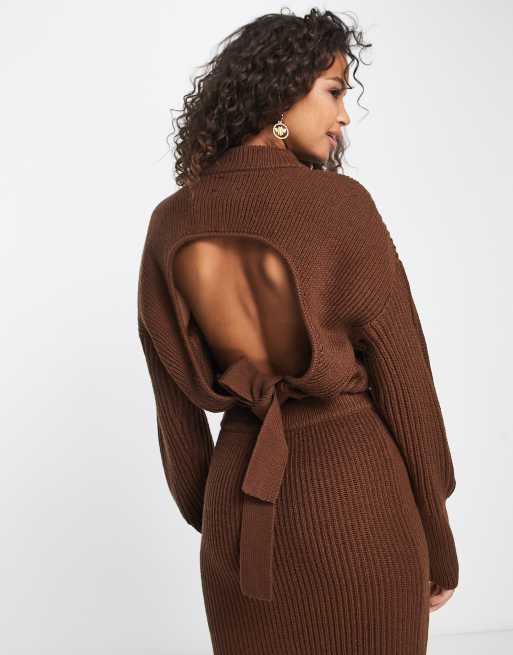 ASOS DESIGN jumper with tie back detail in brown (part of a set), 4 of 4