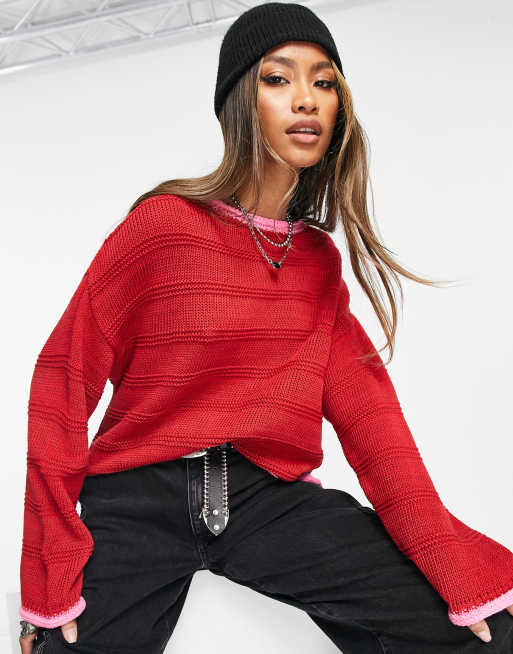 ASOS DESIGN jumper with tipped hem in red and pink