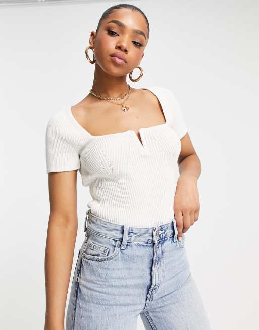 ASOS DESIGN jumper with V notch neck in cream