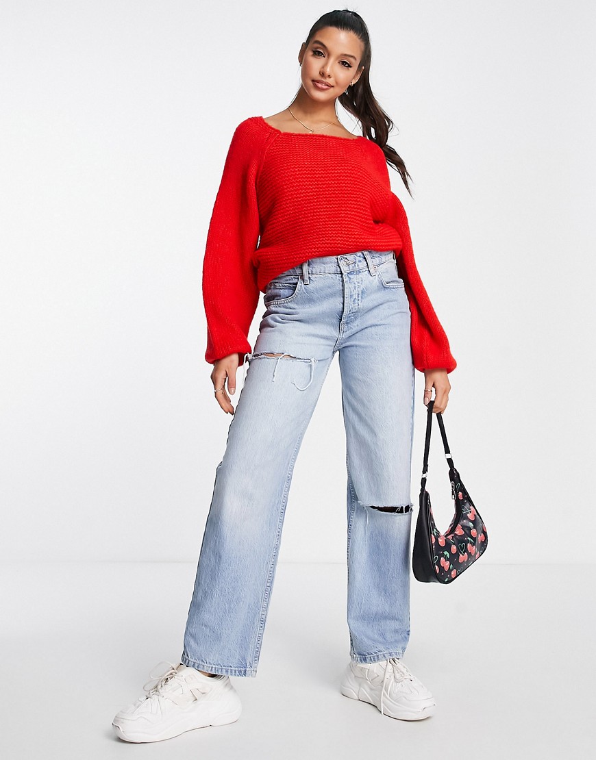 ASOS DESIGN jumper with volume sleeve and textured stitch in red