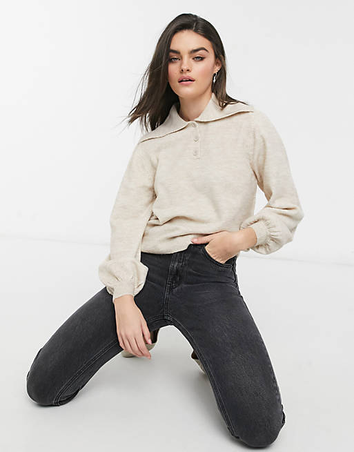 ASOS DESIGN jumper with wide collar and button placket in stone | ASOS