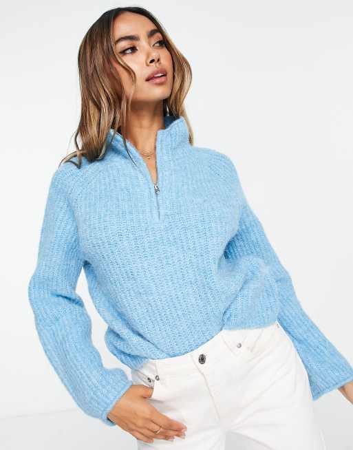 ASOS DESIGN jumper with zip collar in fluffy yarn in blue