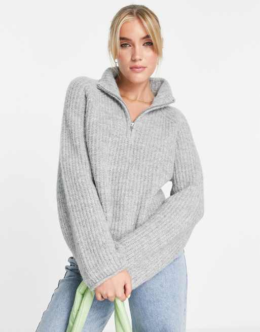 ASOS DESIGN jumper with zip collar in fluffy yarn in grey marl