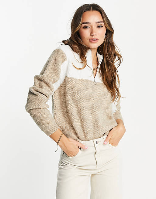 ASOS DESIGN jumper with zip collar in mixed stitch in camel