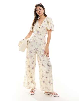 ASOS DESIGN - Jumpsuit aus gesponnenem Stoff mit Blumenmuster, weitem Bein und Flatterärmeln-Bunt