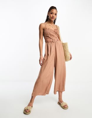 ASOS DESIGN - Jumpsuit aus Leinen in Rostrot mit gesmoktem Oberteil und Gürtel