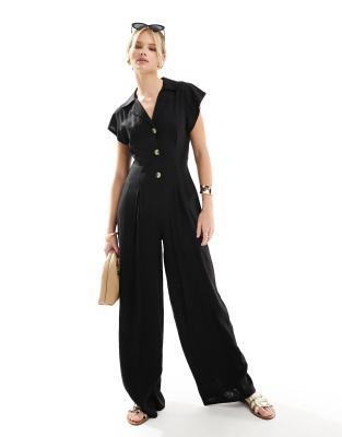 ASOS DESIGN - Jumpsuit aus Leinen in Schwarz mit Knopfleiste und Kragen