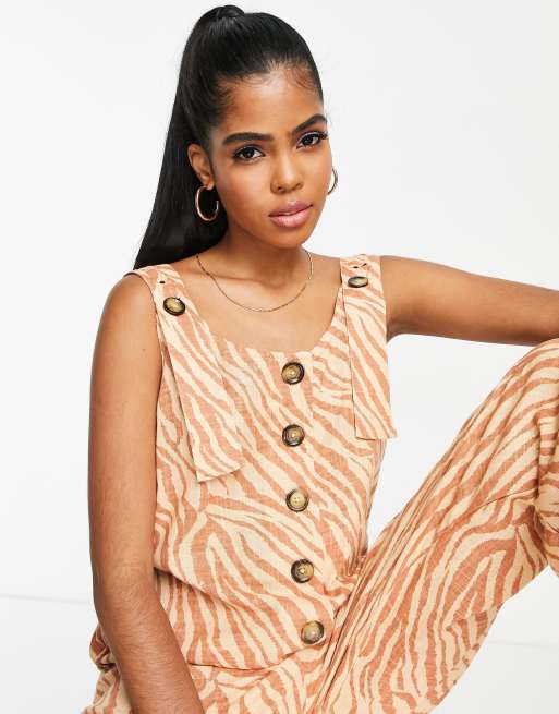 ASOS DESIGN Jumpsuit aus Leinen mit Tragern zum Knopfen und Tierfellmuster ASOS