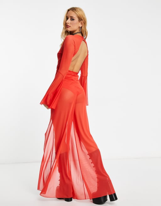 ASOS DESIGN Jumpsuit aus Mesh in Rot mit tiefem Ausschnitt und Bindedetail vorne ASOS