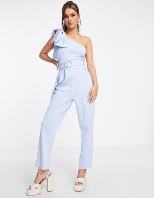 ASOS DESIGN – Jumpsuit aus Scuba-Stoff in Pastellblau mit Schleife