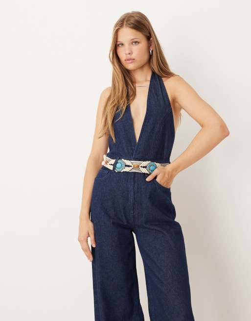 ASOS DESIGN - Jumpsuit i skyllet denim med halterneck og brede ben, 3 af 4