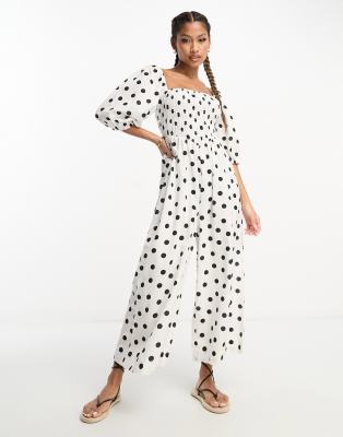 ASOS DESIGN - Jumpsuit im Leinenlook mit schwarz-weißem Print, gerafftem Oberteil und Puffärmeln-Bunt