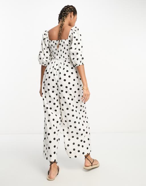 ASOS DESIGN Jumpsuit im Leinenlook mit schwarz weiBem Print gerafftem Oberteil und Puffarmeln ASOS