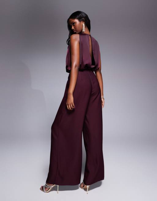 ASOS DESIGN – Jumpsuit in Burgunderrot mit Wasserfallausschnitt und Oberteil aus Satin, 3 von 4