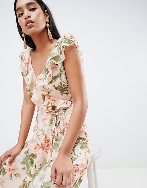ASOS DESIGN Jumpsuit In Crinkle Chiffon With Ruffle Detail And Floral Print