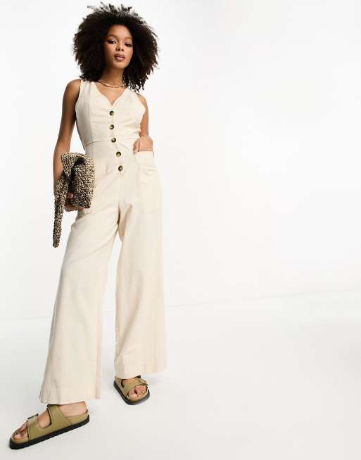 ASOS DESIGN Jumpsuit in hellbeiger Leinenoptik mit Knopfleiste ASOS