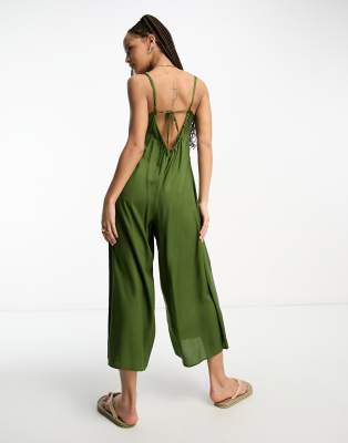 ASOS DESIGN - Jumpsuit in Khaki mit Hosenrock-Schnitt und Trägern-Grün