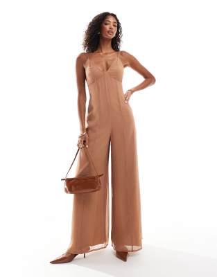 ASOS DESIGN - Jumpsuit in Mokka mit transparenten Chiffon-Stoffbahnen und V-Ausschnitt-Braun