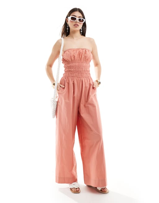 ASOS DESIGN – Jumpsuit in Pfirsich mit gesmoktem Oberteil und weitem Bein