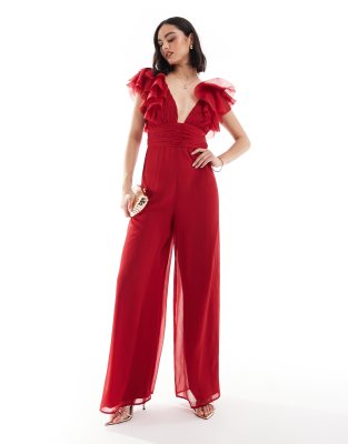 ASOS DESIGN - Jumpsuit in Rot mit weitem Bein, Rüschenärmeln und überkreuzten Riemchen am Rücken