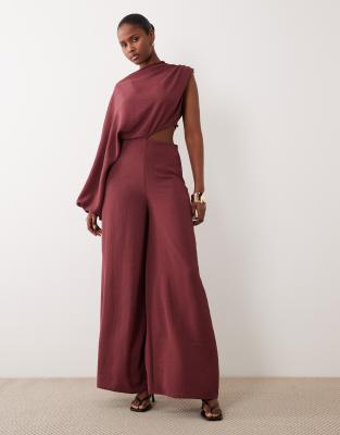 ASOS DESIGN - Jumpsuit in Schokobraun mit One-Shoulder-Blousonärmel und Zierausschnitt-Brown