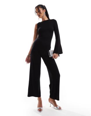 ASOS DESIGN - Jumpsuit in Schwarz mit einem Ärmel, Schulterschnürung und weitem Bein