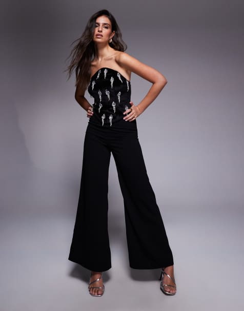 ASOS DESIGN – Jumpsuit in Schwarz mit verziertem Korsettoberteil und schmal geschnittener Hose - view 1