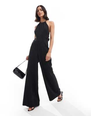 ASOS DESIGN - Jumpsuit in Schwarz und Weiß gestreift mit Neckholder und Bindeband am Rücken-Grün