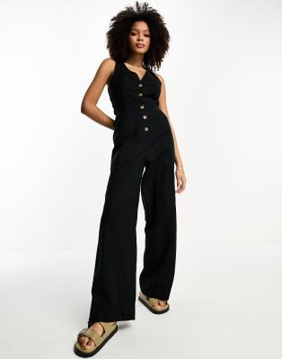 ASOS DESIGN - Jumpsuit in schwarzer Leinenoptik mit Knopfleiste-Black