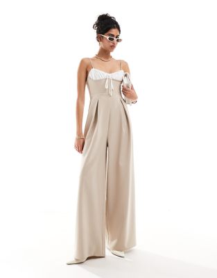 ASOS Design - Jumpsuit in Stein mit Streifen, Falten, weitem Bein und Kontrast-Bustier-Bunt