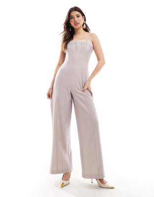 ASOS DESIGN - Jumpsuit in Stein mit weitem Bein und farblich abgesetztem Einsatz-Neutral