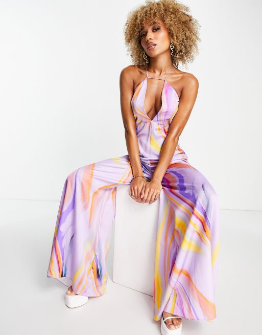 ASOS DESIGN - Jumpsuit med halterneck og stropper samt bindebånd bagpå i satin med abstrakt marmorprint, 4 af 4