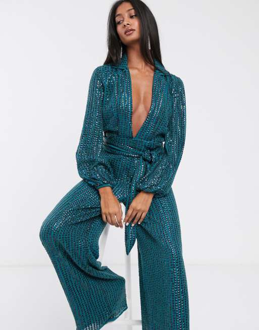 ASOS DESIGN Jumpsuit med heltäckande paljetter och djup urringnning