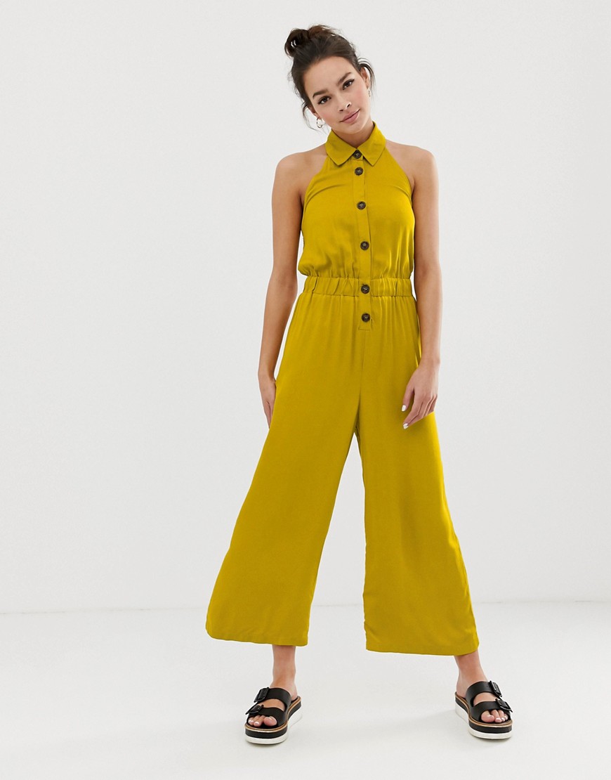 ASOS DESIGN – Jumpsuit med knappar framtill, krage och byxor i culotte-modell-Flerfärgad