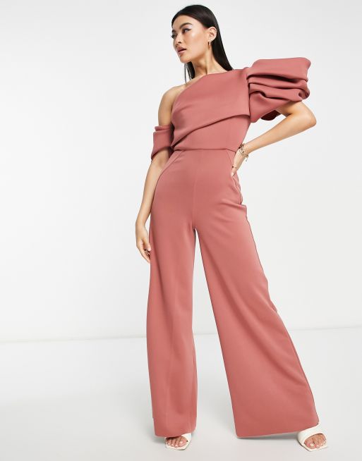 ASOS DESIGN - Jumpsuit med oneshoulder og culotteben i rosa