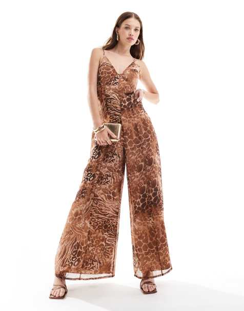 ASOS DESIGN - Jumpsuit med V-hals, gennemsigtigt panel og leopardprint i chiffon - view 1