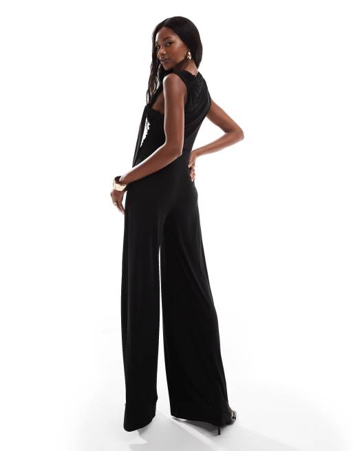 ASOS DESIGN - Jumpsuit met asymmetrische halslijn en afwerking van oversized ring in zwart, 4 van 4