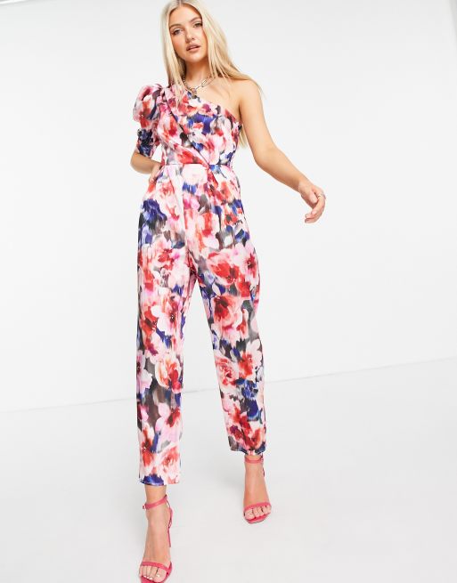ASOS DESIGN - Jumpsuit met blote schouder en pofmouw in bloemenprint