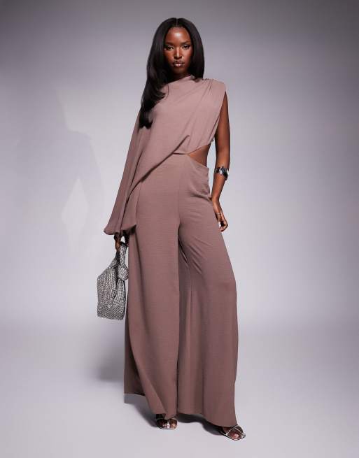 ASOS DESIGN - Jumpsuit met blousonmouw, blote schouder en uitsnijding in bruin