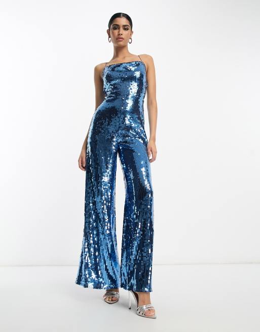 ASOS DESIGN - Jumpsuit met gedrapeerde halslijn en lovertjes in blauw